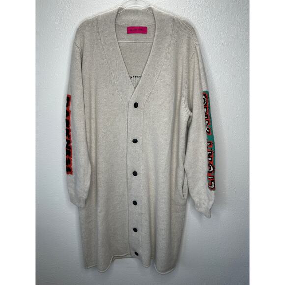 The Elder Statesman Tan Intarsia Long Line Cashmere Cardigan L - Picture 3 of 14